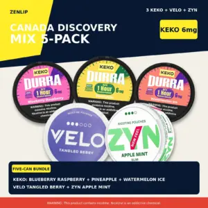 Canada Discovery Mix 5-Pack with three KEKO cans, VELO and ZYN; KEKO strength 6mg
