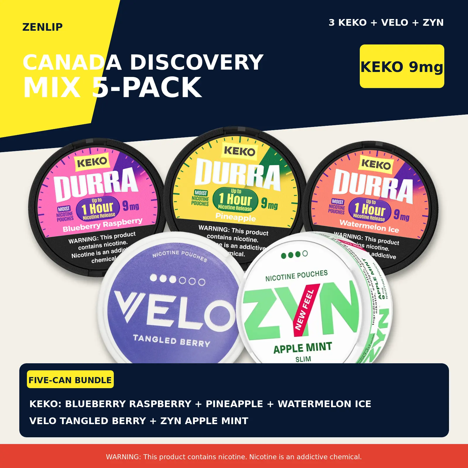 Canada Discovery Mix 5-Pack with three KEKO cans, VELO and ZYN; KEKO strength 9mg